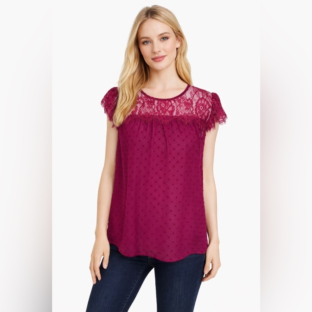 Eyeshadow Burgundy Swiss Dot Lace Blouse Women’s Size Small